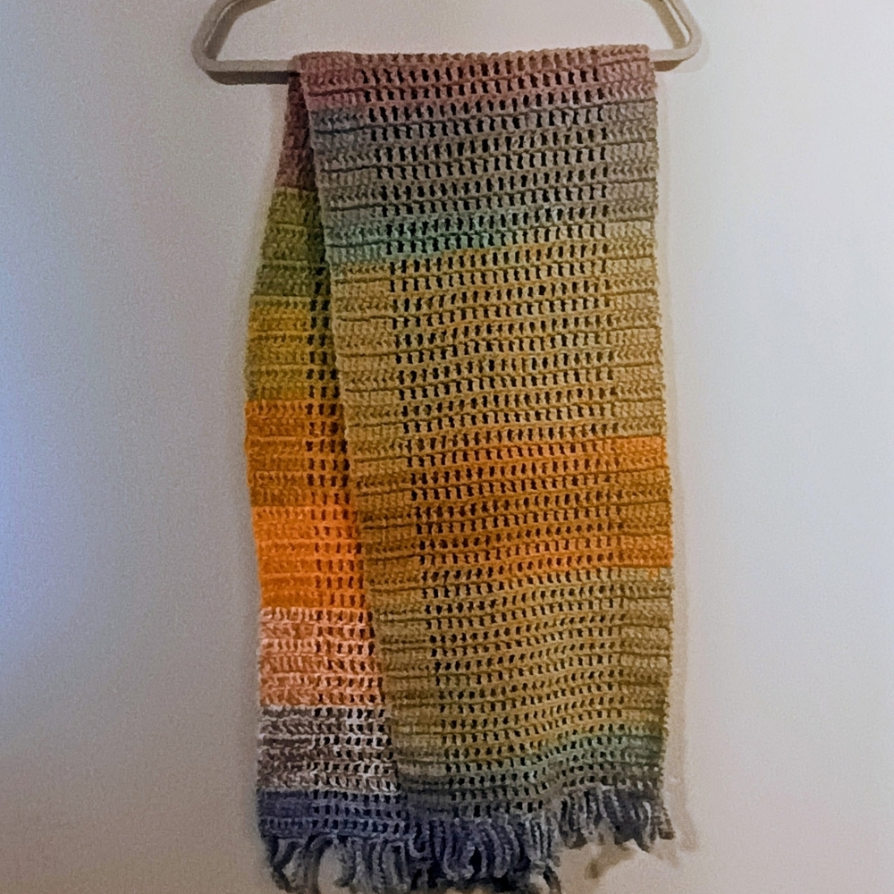 Vintage Handmade Crocheted Gradient Scarf in Orange, Yellow & Blue - Picture 3 of 4